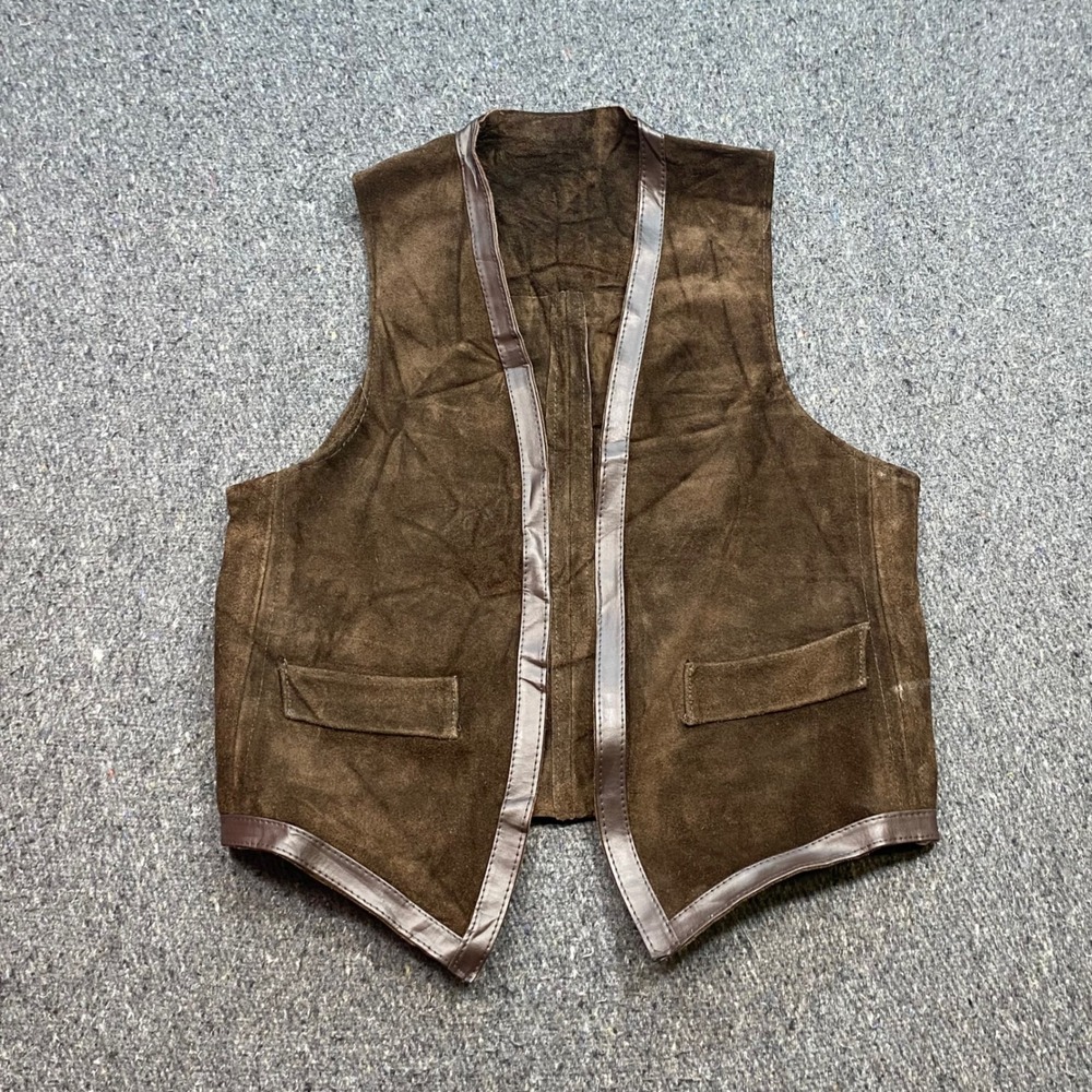 Vintage Suede Leather Vest Sz 12 Womens Brown Boho Western Grunge Open Front